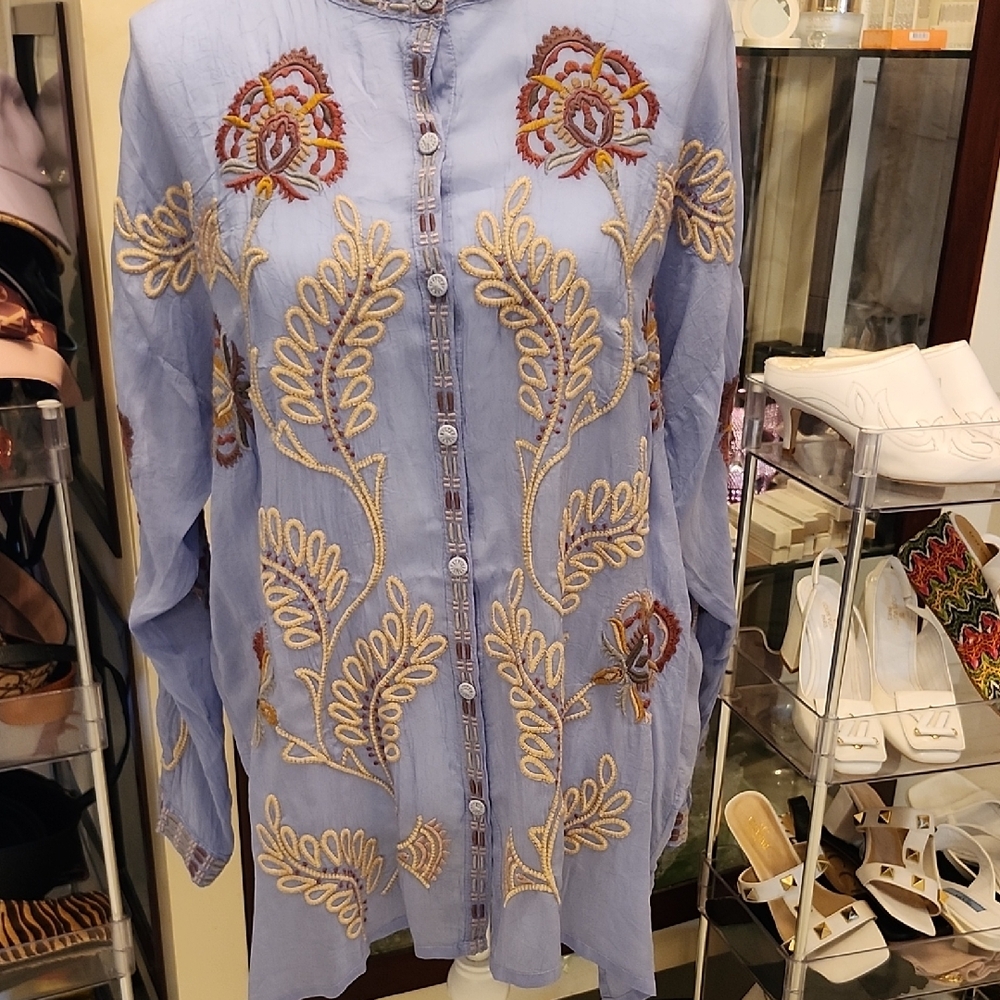 Johnny Was Blue Tunic with Gold and Red Embroidery